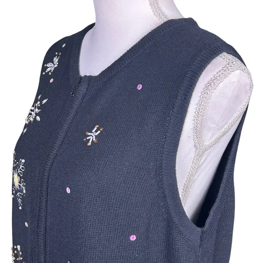 CDP & Co Knit Vest Size  Medium Black Silver Snowflake Embroidered Beaded Top